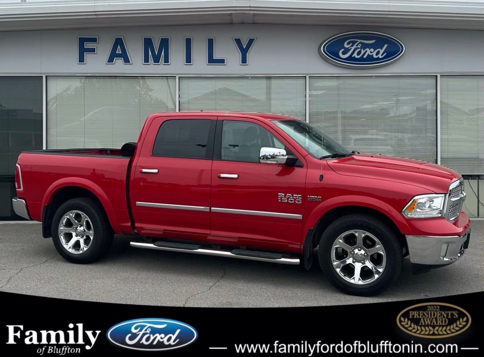 2017 RAM 1500 Laramie in Flame Red Clearcoat — front three-quarter view